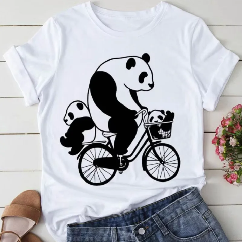 

Cute Cartoon Panda T-Shirt with Retro Letters Short Sleeve Women's Fashion Summer Top for Instagram