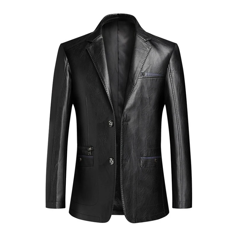 KIDWHXR Autumn Man Blazer Jacket Korean Single-breasted Man Leather Coat Loose Long Sleeve Waterproof Versatile Male Outerwear