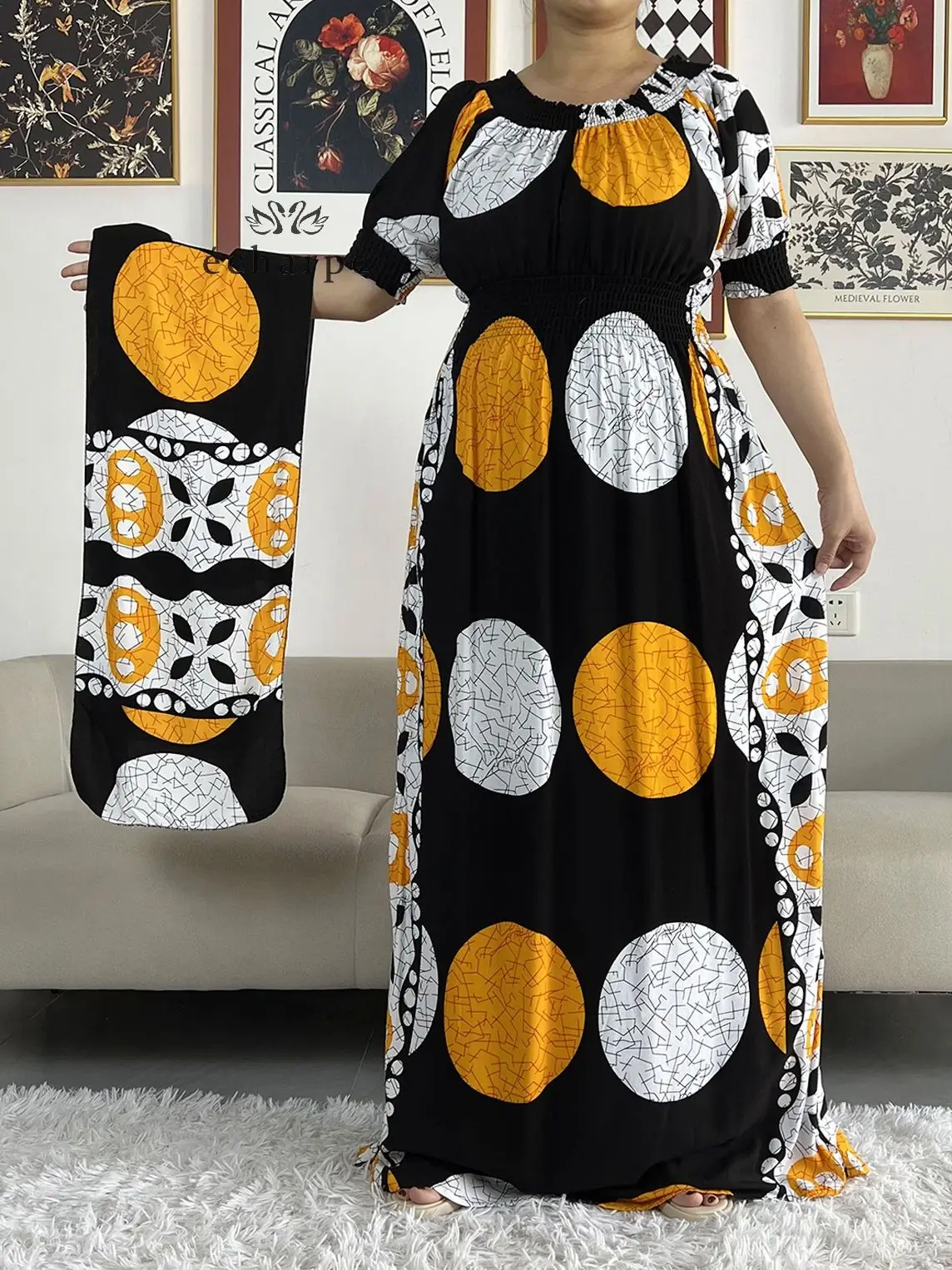 Latest African Dashiki Cotton Floral Dress Printed Short Sleeve Collect Waist Straight Loose African Women Dress with Scarf