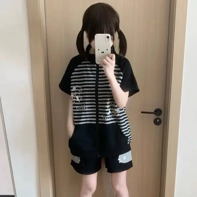 تيشيرتات نسائية يابانية مخططة 2025 Ropa Mujer بأكمام قصيرة ورقبة ثابتة تي شيرت نصف سحاب Camisetas Y2k تي شيرت صيفي غير رسمي #4