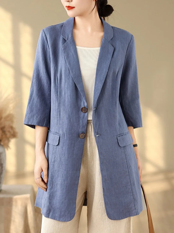 

Artistic Cotton Linen Suit Jacket plus Size Single Row Two Buttons Turn-down Collar 7/8 Sleeve Casual Outerwear Summer