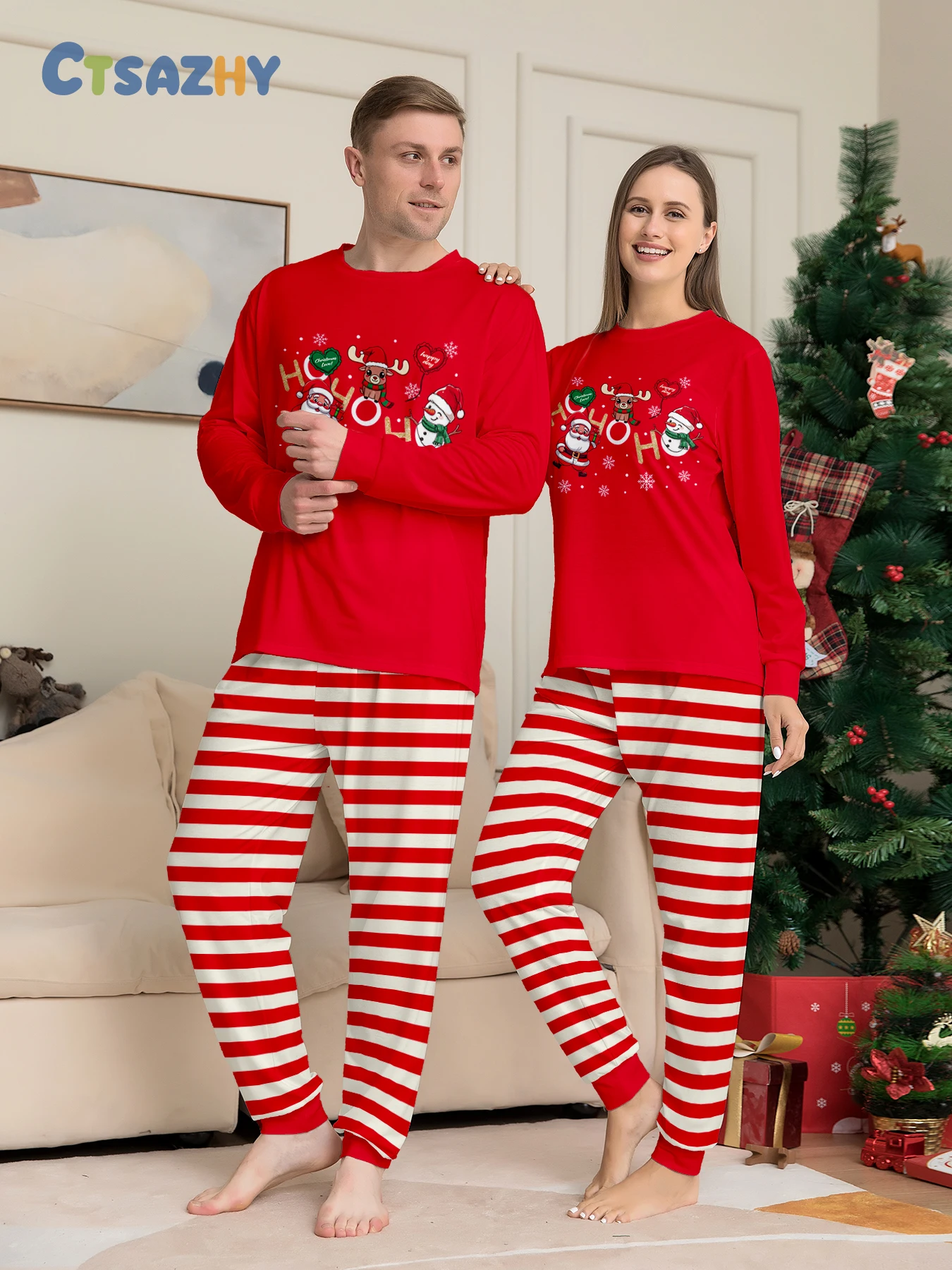 Family Christmas Pajamas Matching Parent-child Sleepwear Red Long Sleeve Santa Snowman Reindeer Print Xmas Gift Men Women Kids view 3