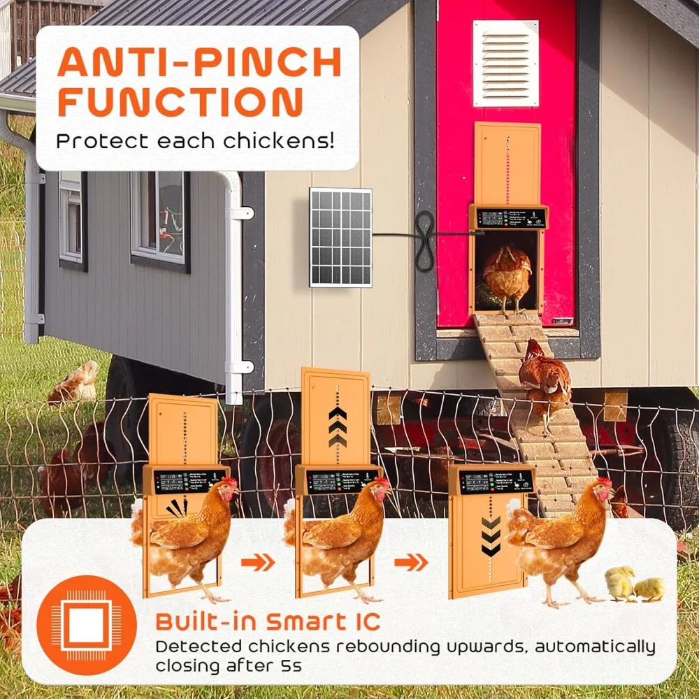 HOME - Automatic Chicken Coop Door Solar Powered Automatic Chicken Door with Timer & Light Sensor, Anti-Pinch,