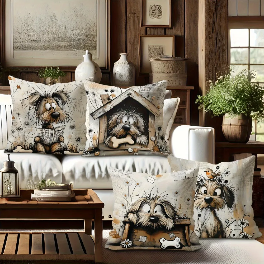 

4Pcs Modern Cartoon Dog Printed Square Pillow Covers Zipper Closure Machine Washable Home Decor For Sofa Bedroom Without Insert