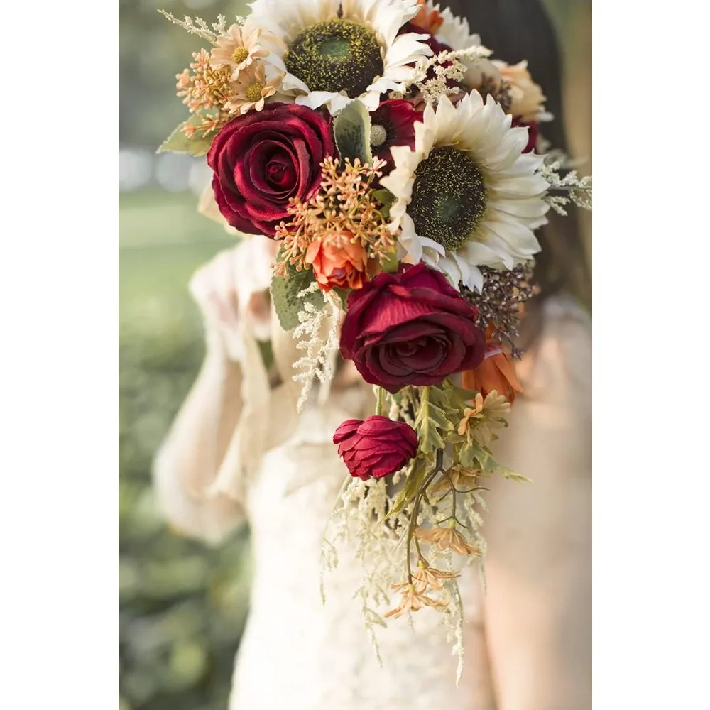 Vintage Sunflower Wedding Bouquets for Bride, Artificial Burgundy Rose Cascading Bridal Bouquet, Burnt Orange, 9 Inch