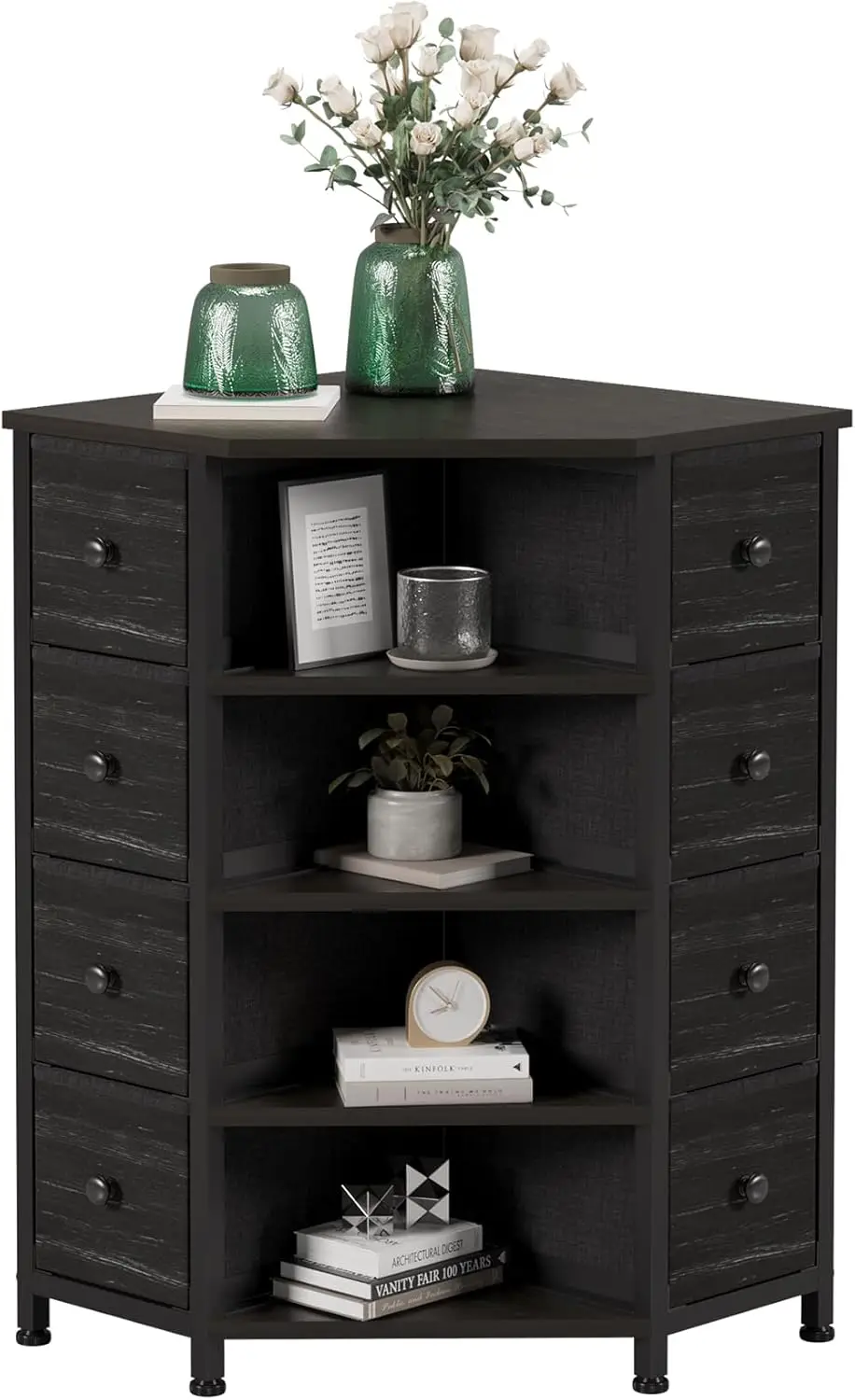 

8 Drawers Corner Dresser with Storage Fabric Drawers and Open Shelves for Small Space，Bedroom，Entryway，Living Room (Black