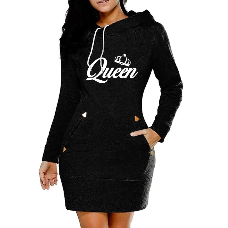 Queen Womens Dress Printing Fashion Knee-Length Hooded Frock Side Zip Neckline Sports 2024 Autumn Warm Fleece Daily Casual Skirt