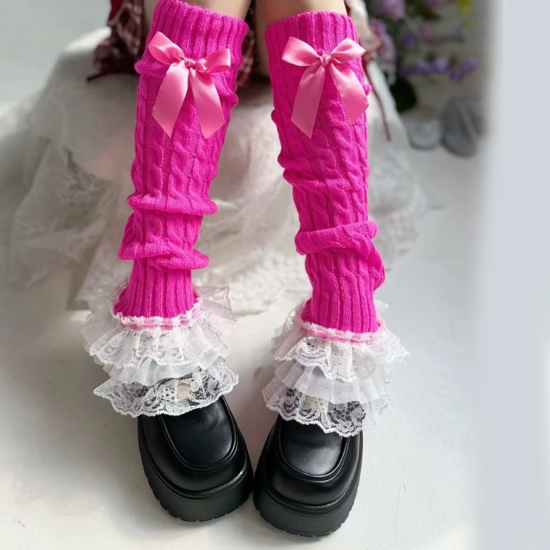 Women Cable Knit Leg Warmers Japanese Tiered Ruffled Lace Bowknot Foot Covers