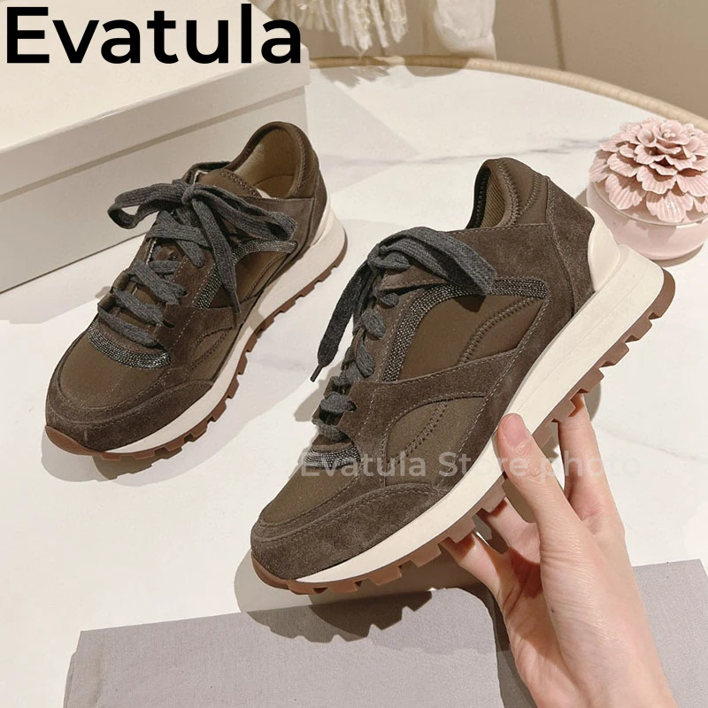 2024 Spring Suede Leather Lace Up Casual Sneakers Women Thick Sole String Bead Flat Shoes Comfort Running Shoes Tenis De Mujer