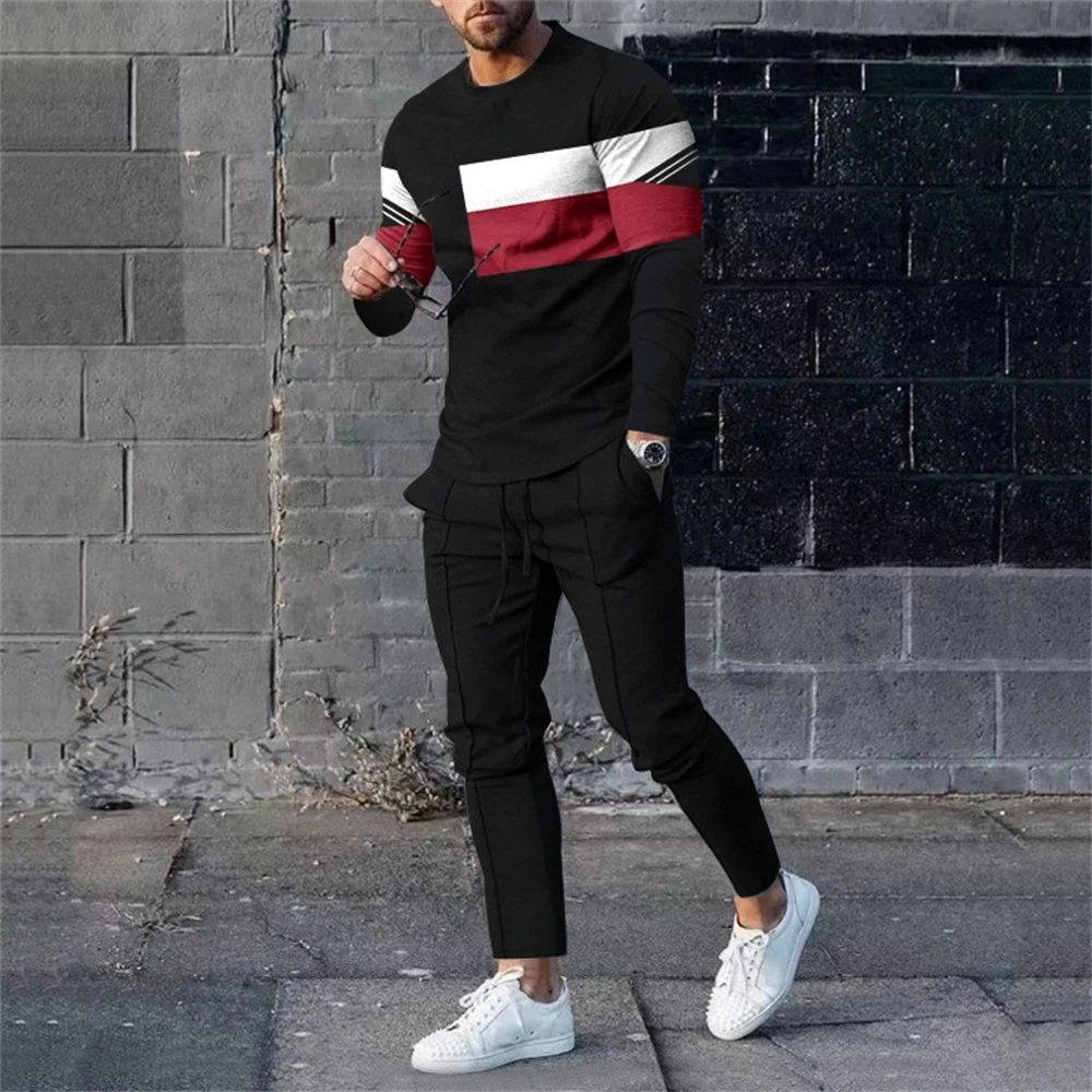 Jogging Sweatshirt Sets For Men Color Contrast Stitching 3D Printing Fashion Casual Spring Fall Crew Neck Sweatshirt And Pants