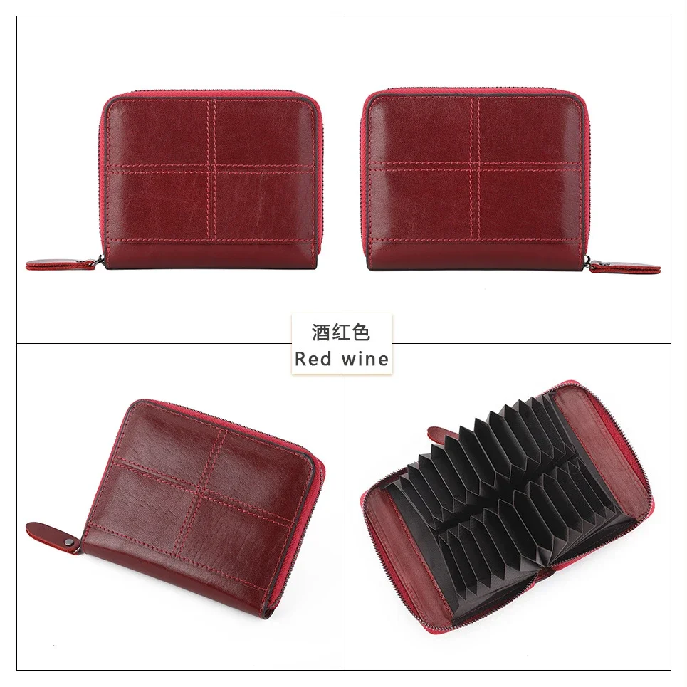 Men Card Holder Genuine Leather Card Wallet Checker Stitch Design Passport Holder Women's Wallet with Zipper 24 Card Slots