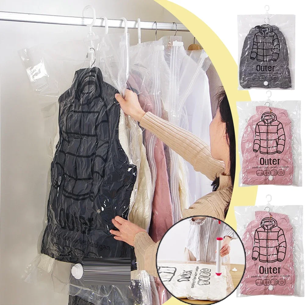 

1PC Hang Transparent Vacuum Bag Storage for Clothes Down Jacket Overcoat Compression Home Organizer Wardrobe Dustproof Coat수납 봉투