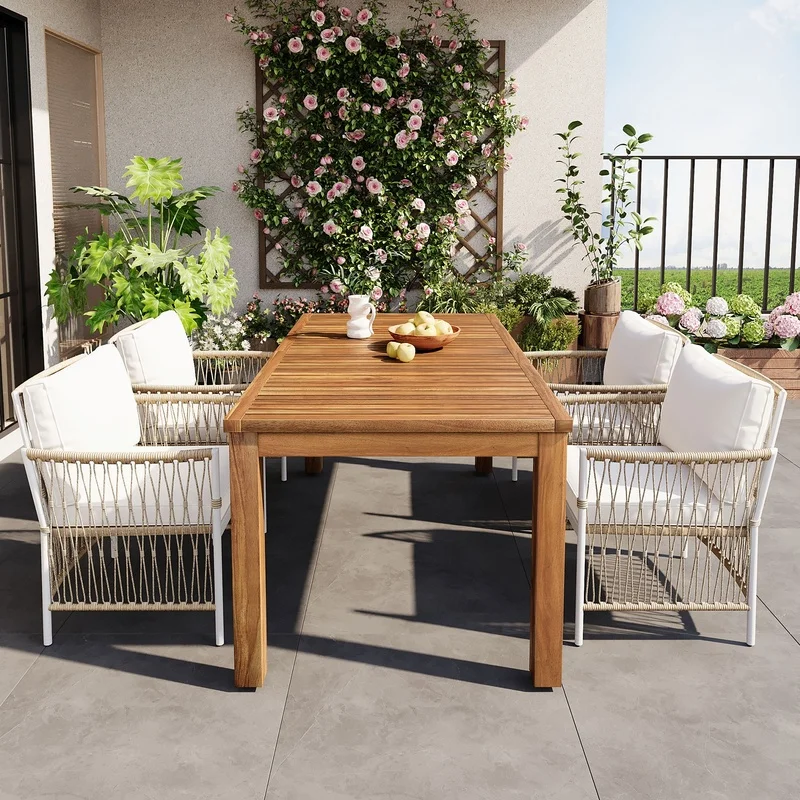 TOPMAX Juego de comedor de madera para exteriores de 5 piezas, mesa rectangular de 67 pulgadas con 4 sillas con brazos de ratán para piscina, patio trasero, jardín
