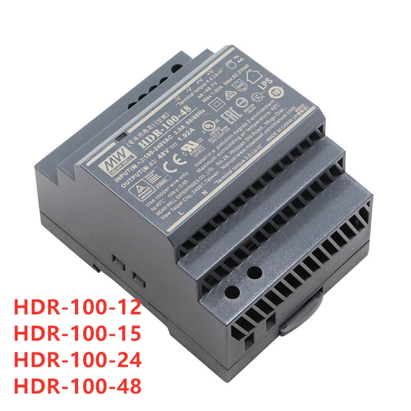 MEAN WELL Slim DIN Rail HDR-100W Series 12V 15V 24V 48V Power Supply HDR-100-12 HDR-100-15 HDR-100-24 HDR-100-48