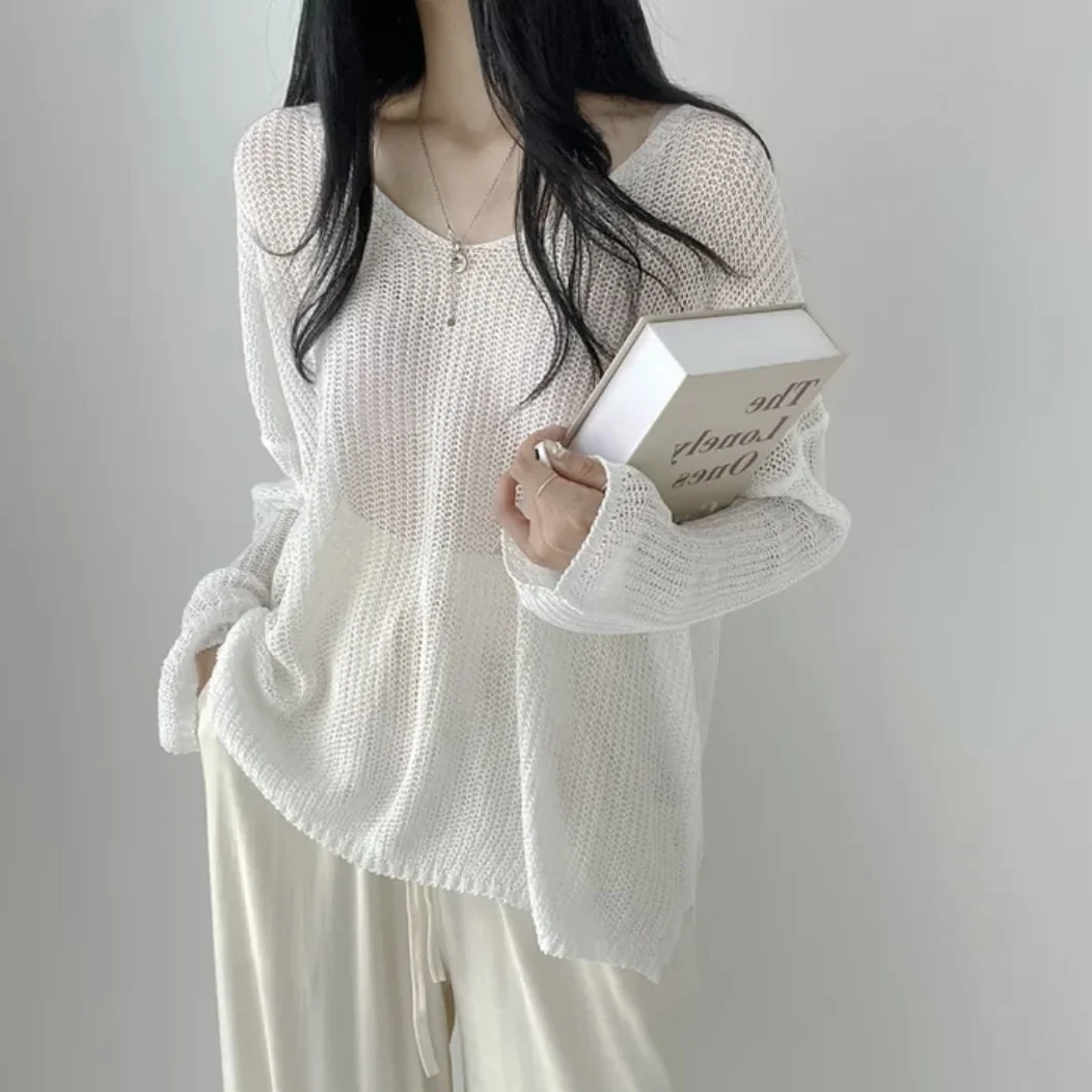 

Loose Korean Style Women's Long Sleeve Knitted Sweater V-Neck Casual Chic Fashionable Lazy Style Summer New Arrival