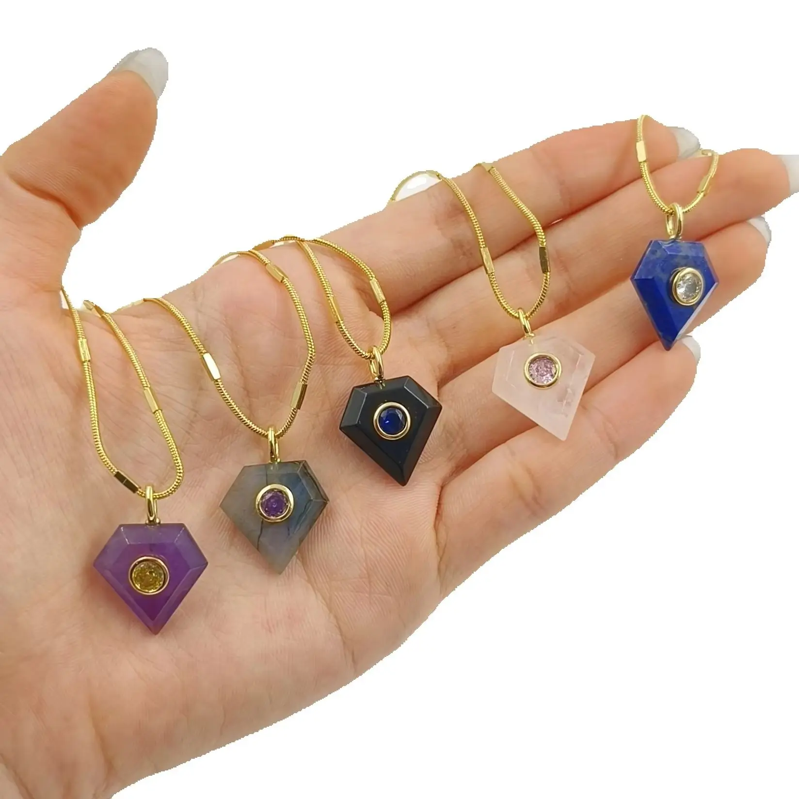 WT-N1508 Classic Style Geometric Pentagonal Diamond Shape Labradorite Amethyst Gemstone&Zircon Paved Pendant Fine Necklace