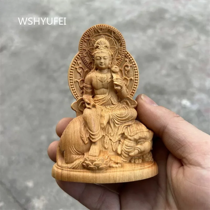 Wooden Manjushri Wenshu Bodhisattva Statue Carved Buddha Figurine with Lion Chinese Buddhist Home Desktop Worship Decor Gift