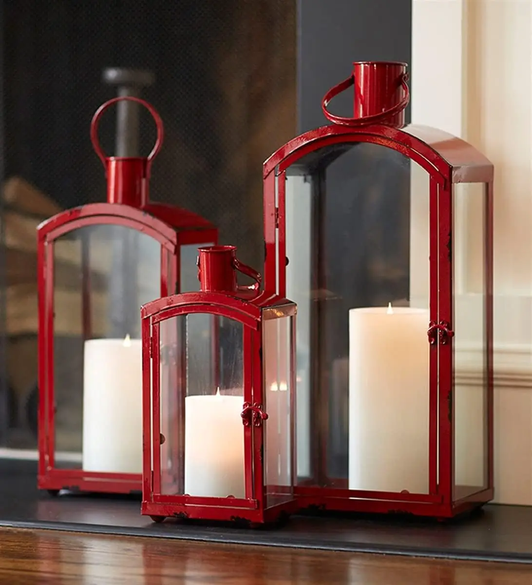 65231 15-25 in. Metal & Glass Lantern, Red - Set of 3