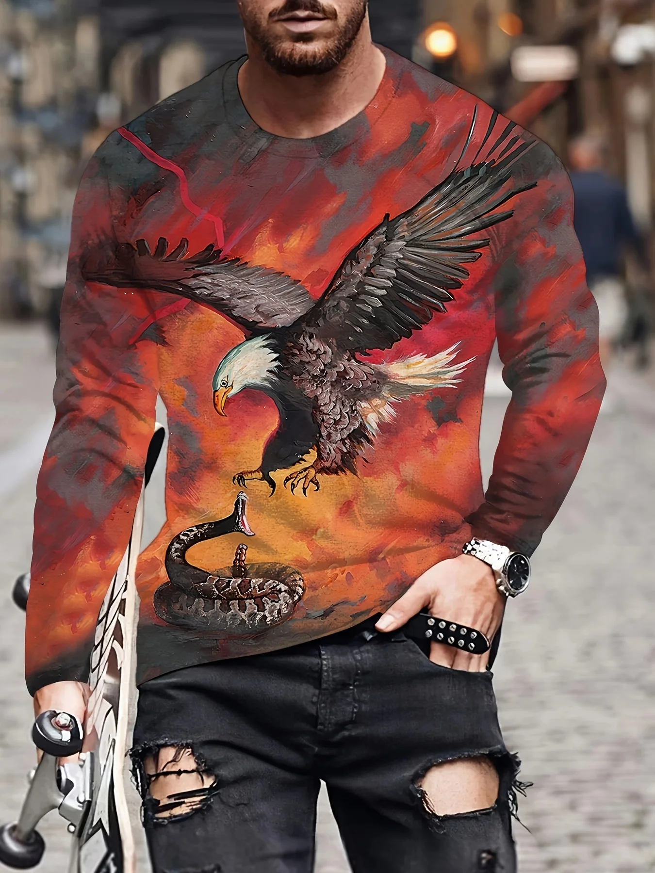 Fashion Eagle 3D Digital Printing Men\'s Casual Comfortable Long Sleeve T Shirt Fall Men\'s Patterned Clothing Tops Men\'s Gifts