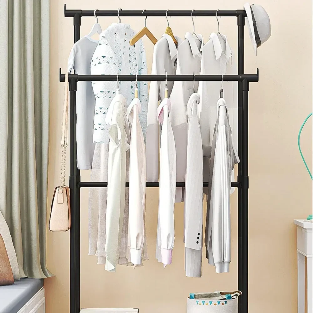 

Freestanding Metal Drying Rack With Shelves And Side Hooks, Easy To Move, Suitable For Home Storage, Bedroom, Wardrobe, Retail