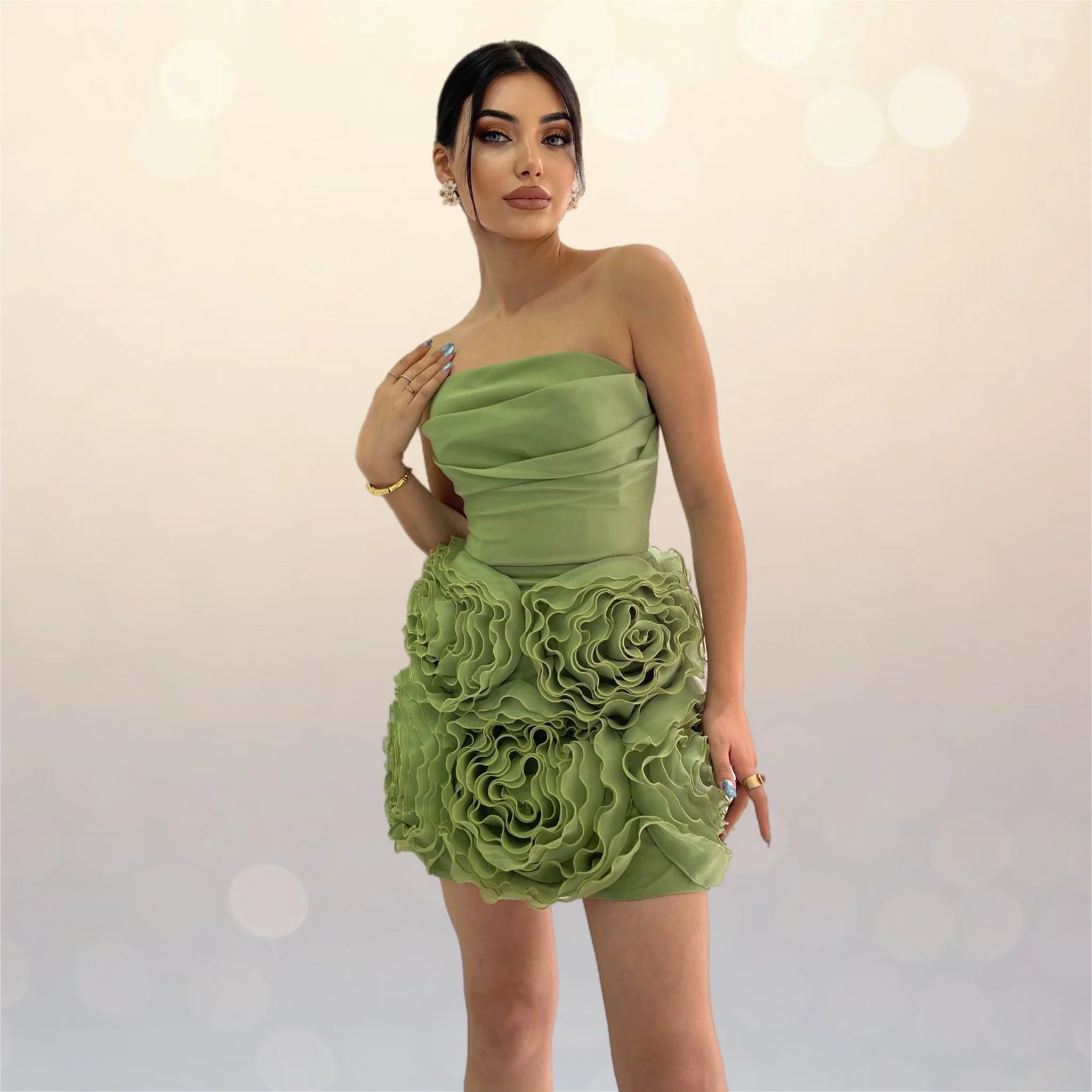 

Couture Army Green Handmade Flower Short Women Dresses To Party Pretty Strapless Female Mini Dress Bridal Dress