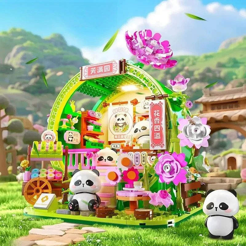 MOC – ensemble de blocs de construction de maison en bambou Panda, mignon, arbre Animal, fleur, cabane, salon, paysage de rue, décor de bureau, jouet à monter soi-même, cadeaux d'anniversaire