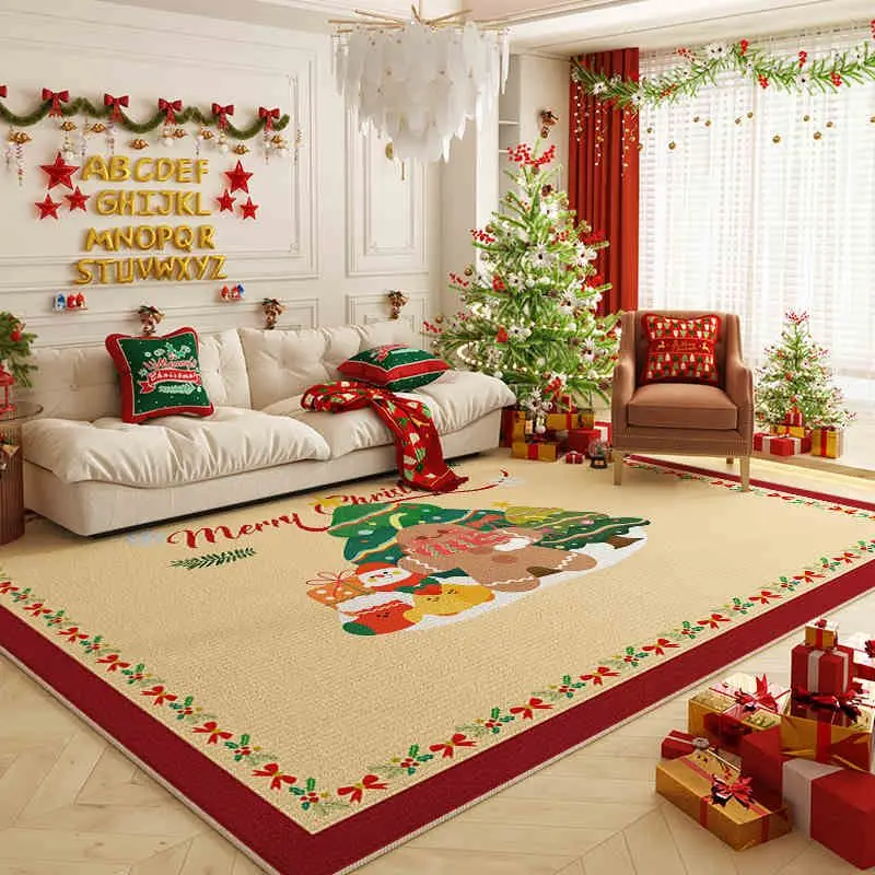 VIKAMA Xmas Rectangle Rug Soft Cartoon Xmas Element Print Non Slip Absorbent Mat For Dining Room Study Room Xmas Decor