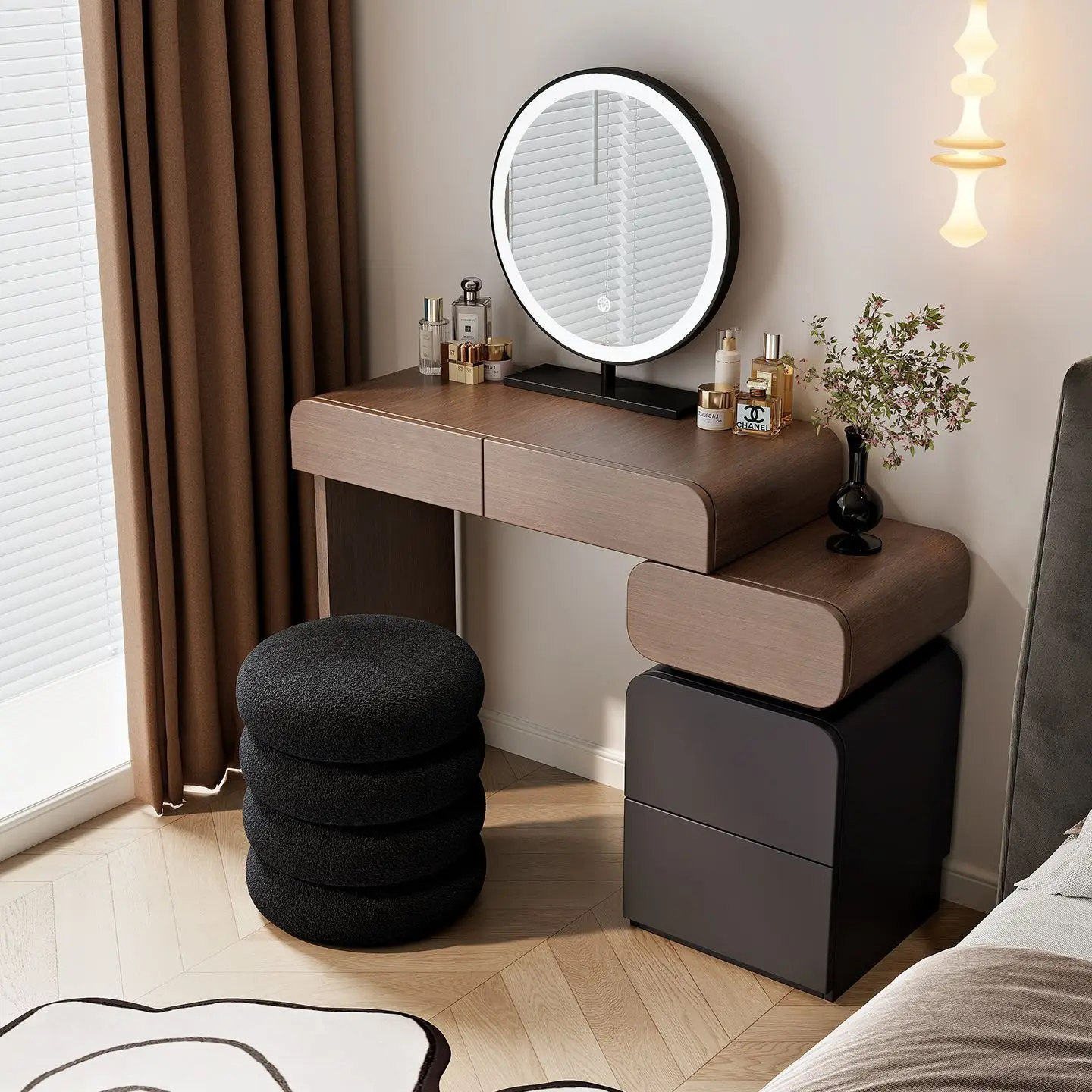 Small Apartment Makeup Vanity Desk with Mirror Luxury Vanity Set with Side Cabinet, Microfibre Leather Wrapped Dressing Table