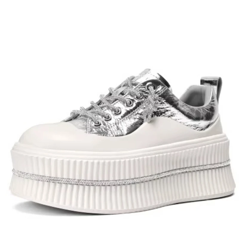 Galactic Future Silver Casual Shoes for Women's Sneakers Thick Soled Wrinkled Film Double-layer Design's Height Increasing Shoes