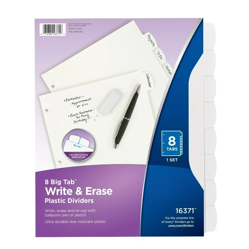 

Big Tab Write & Erase Durable Plastic Dividers, 8-Tab Set, White, 1 Set (16371)