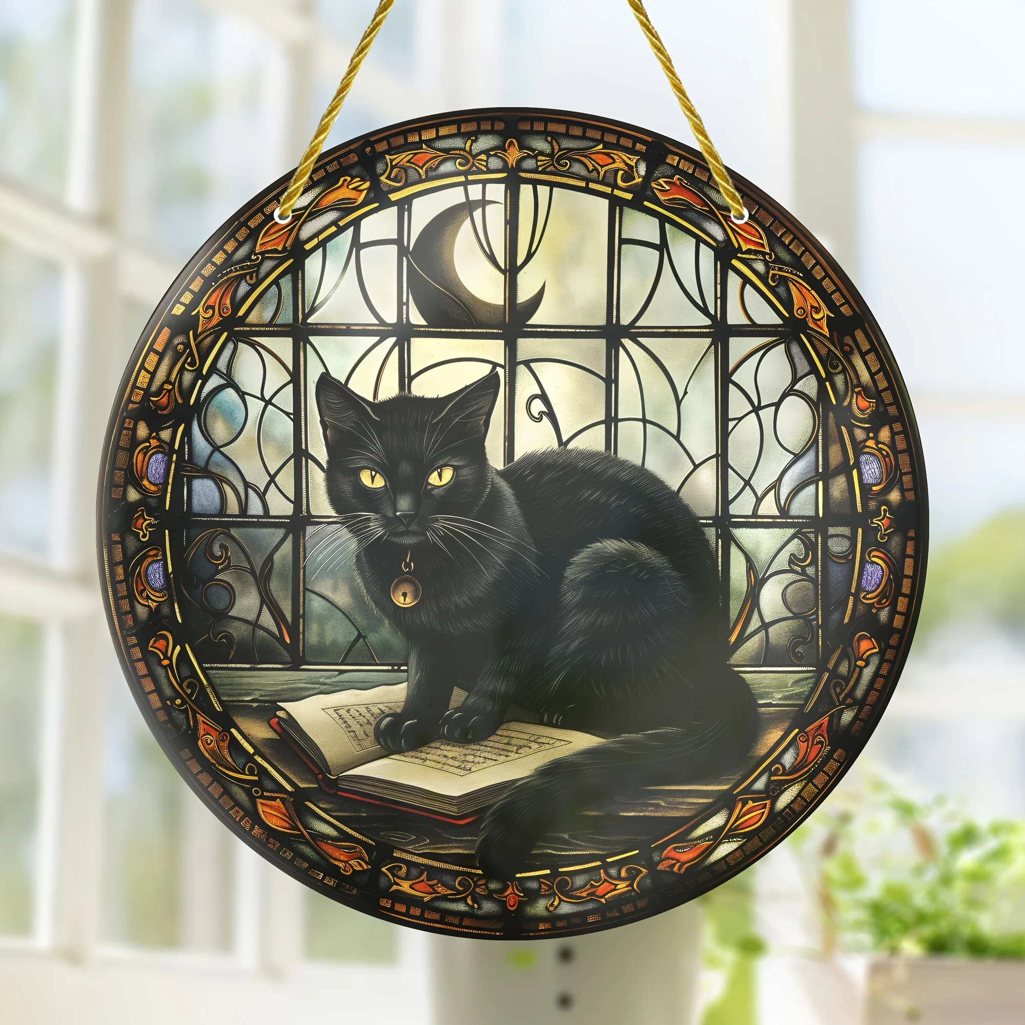 Halloween Black Cat Sun Catcher - Stained Glass Style Acrylic Window Hanging for Interior, Outdoor Decorations, Porch, Wall Art