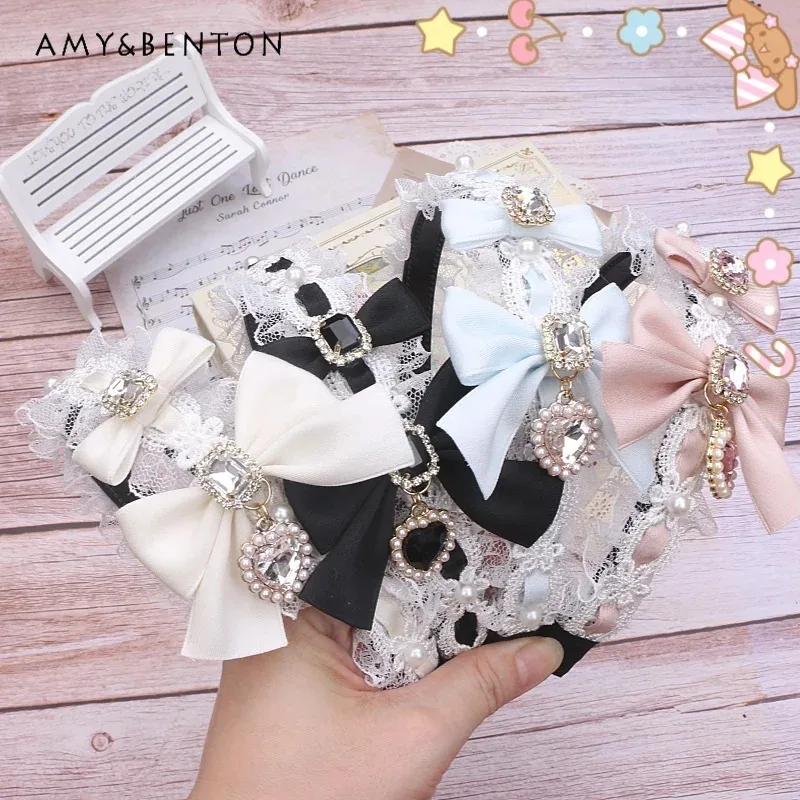 

25COSHandmade Japanese Mine Series Mass-Produced Lace Bow Rhinestone Love Pendant Beaded Headband Sweet Lolita Girl Hair Accesso
