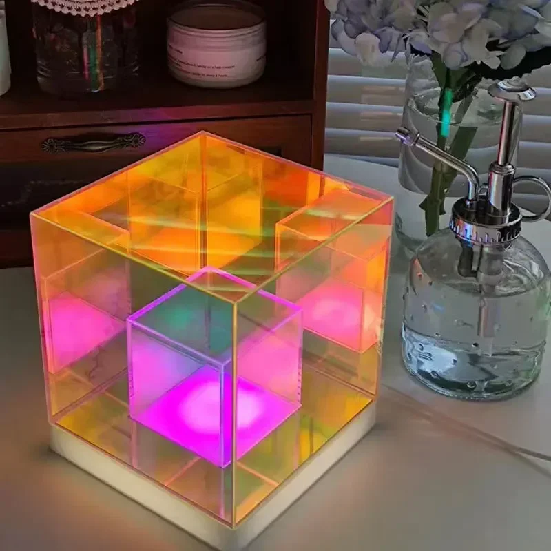 RGB 3D Acrylic Magic Cube Lamp Bedroom Creative Cube Desk Table Lamp Desktop Ambient Lights Charging Night Light Home Decoration