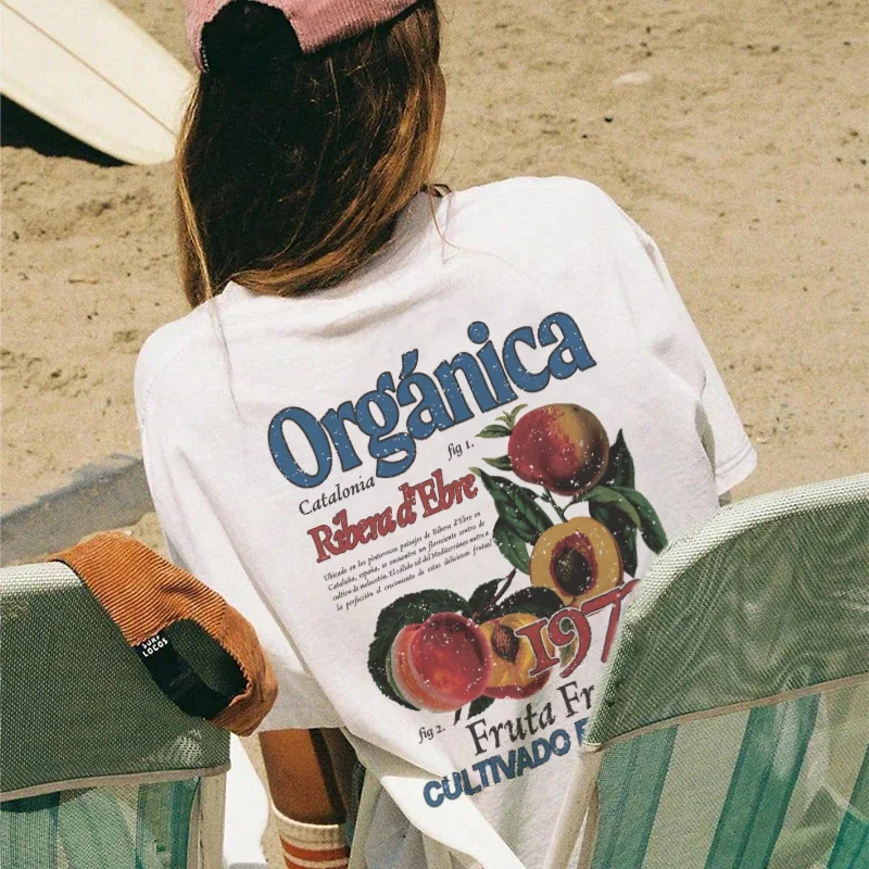 90s Vintage Back Print Peach T-Shirts Women Cottagecore Aesthetic T Shirt Cute Fruit Graphic Tees Unisex Loose Retro Boho Tops