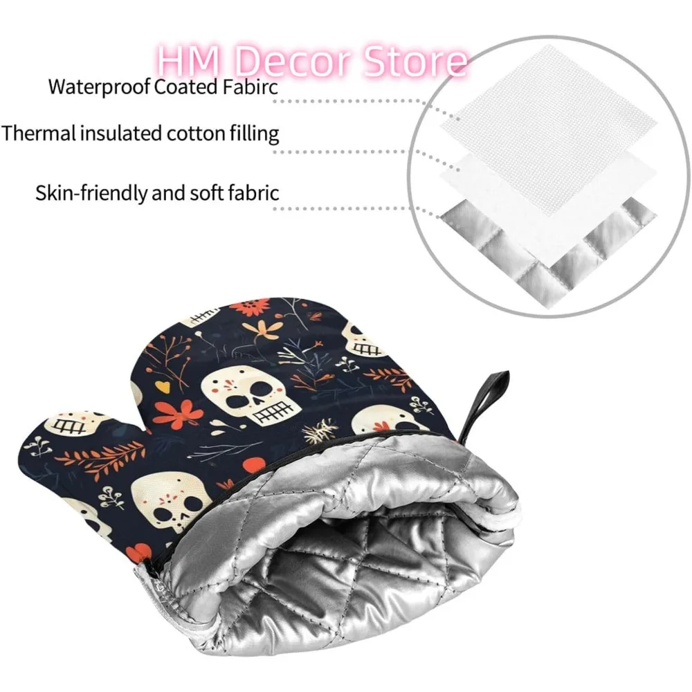 Oven Mitts Skeleton Flower Dark Halloween Heat Resistant Silicone Oven Mitts Set of 4,Oven Gloves for Cooking BBQ, Suitable for