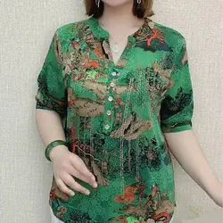 Summer Elegant V-Neck Button Blouse Casual Vintage Printed Chic Diamonds Women's Clothing Half Sleeve Straight Chiffon Shirt New