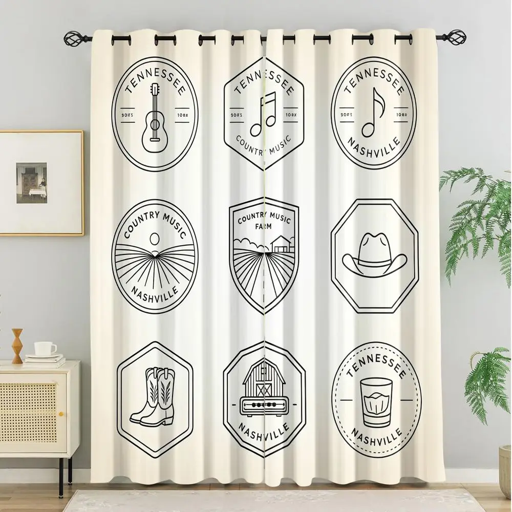 Tennessee Country Music Theme Curtains, Nashville Aesthetic Black and White Line Art Print Drapes, Modern Decorative Curtains view 3
