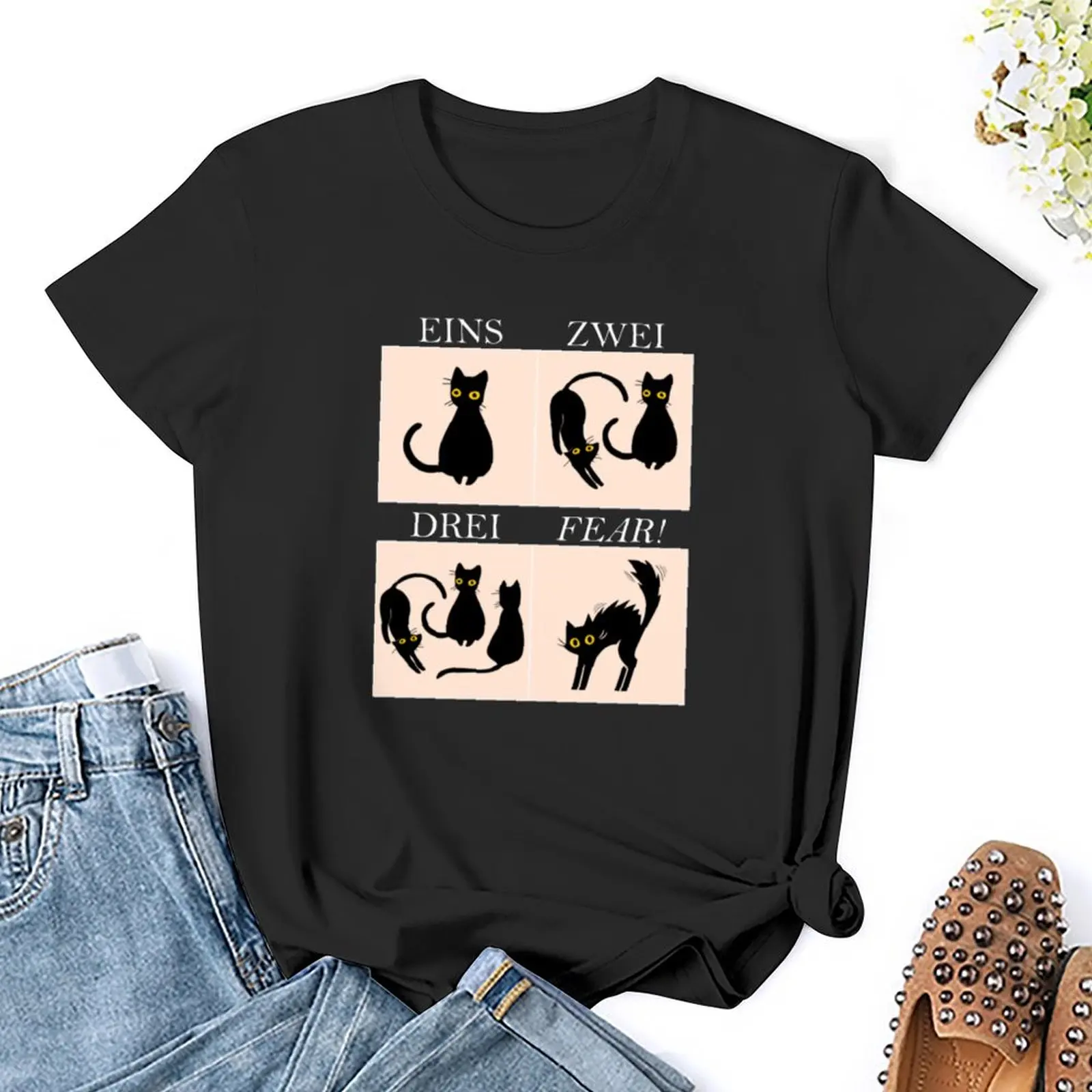 Aprendendo alemão medo t-shirt para mulheres, Eins, Zwei, Drei - Cat Fear, fundo escuro, camisetas gráficas, roupas fofas