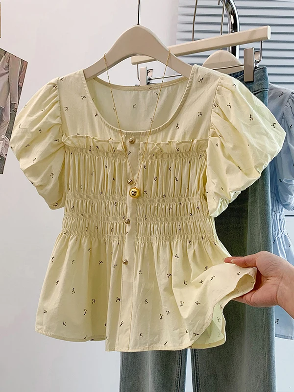 

Floral Print Blouse Women's Summer New Design Gathered Waist Slimming Tummy Covering Bubble Sleeve Shirt Casual Vintage Style