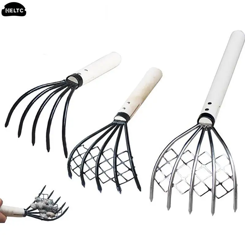 Clam Rake With Net 5 Claw Wood Handle Rake Shell Digging Tool Dig Seafood Toos Weeding Farming Tool Wood Handle Pitchfork New