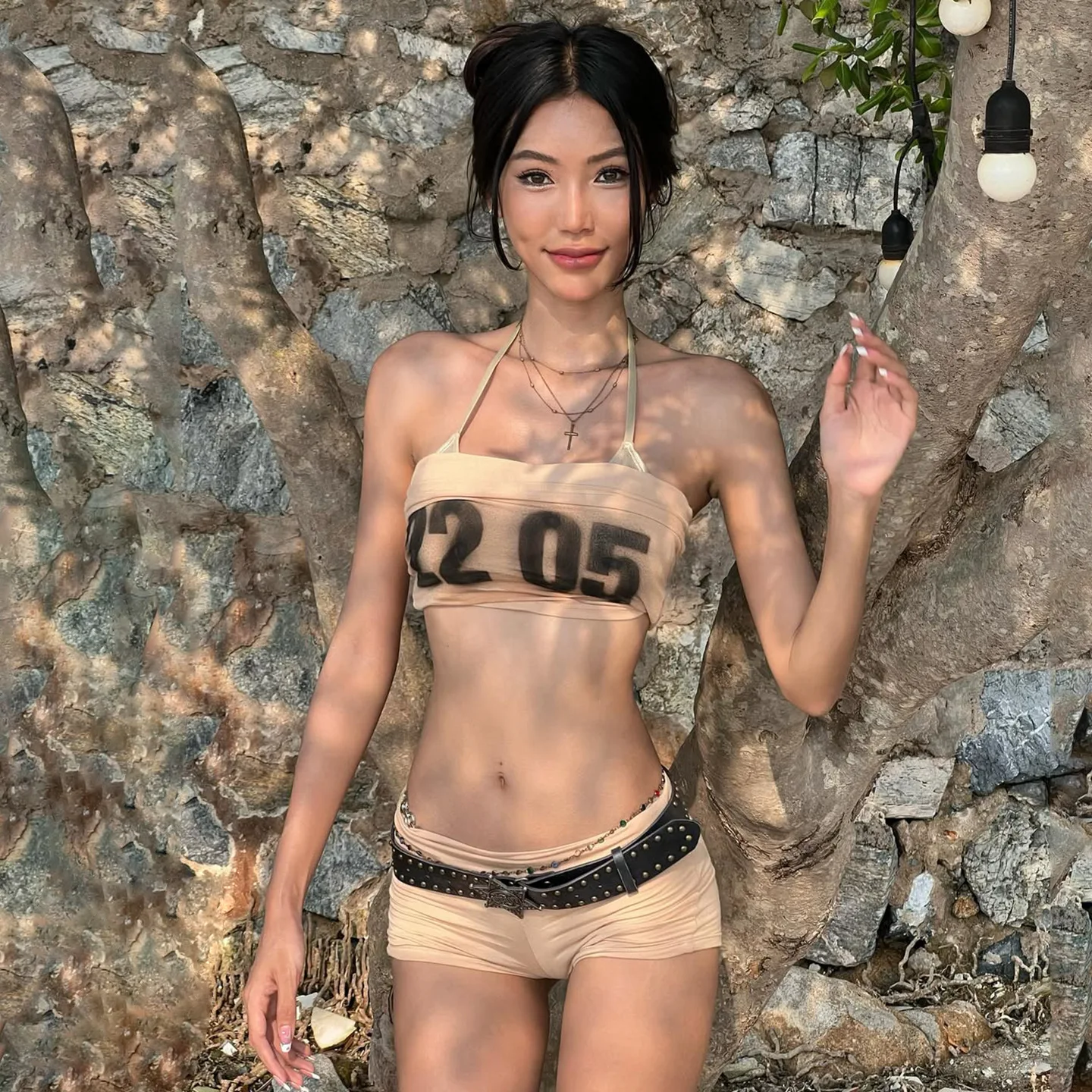 Sexy hot girl sexy beach style three piece bikini retro letter printed crop top slim fit set pants ins