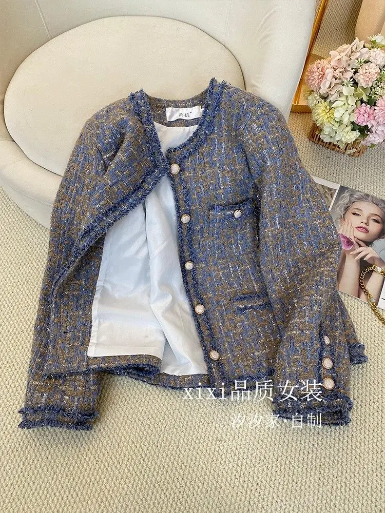 

New Blue plaid coat, retro shiny silk coarse tweed woven top coat
