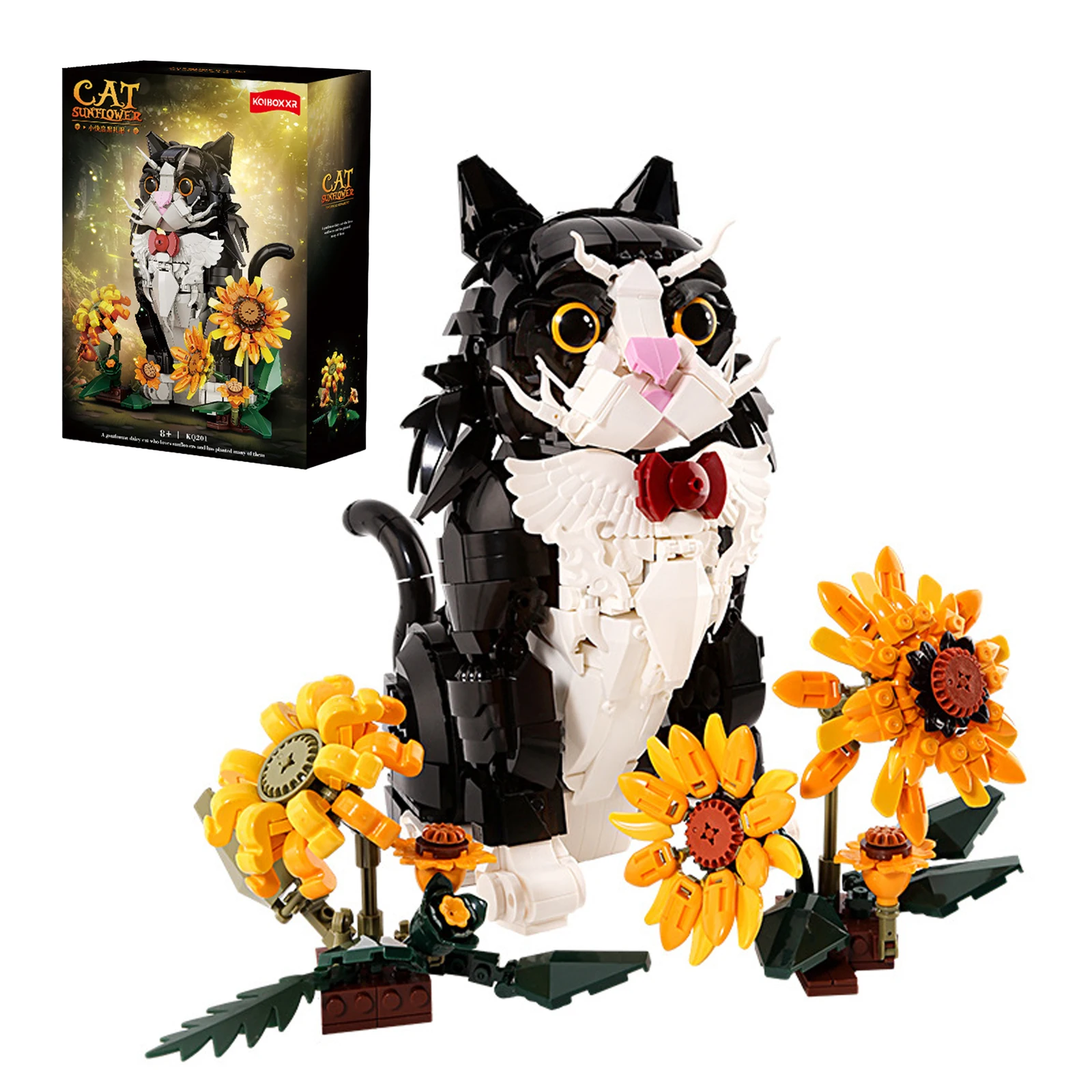 

KQ201 Cat Sunflower Building Blocks Flowers Animals 1434PCS Bricks Cute Simulated Cat Model Home Decor Toys Girls Holiday Gift