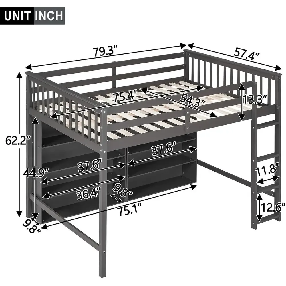 Full-Size Wooden Loft Bed with Shelves, Built-in Ladder, and Guardrails - Space-Saving Gray for Kids, Teens, and Adults, No Box