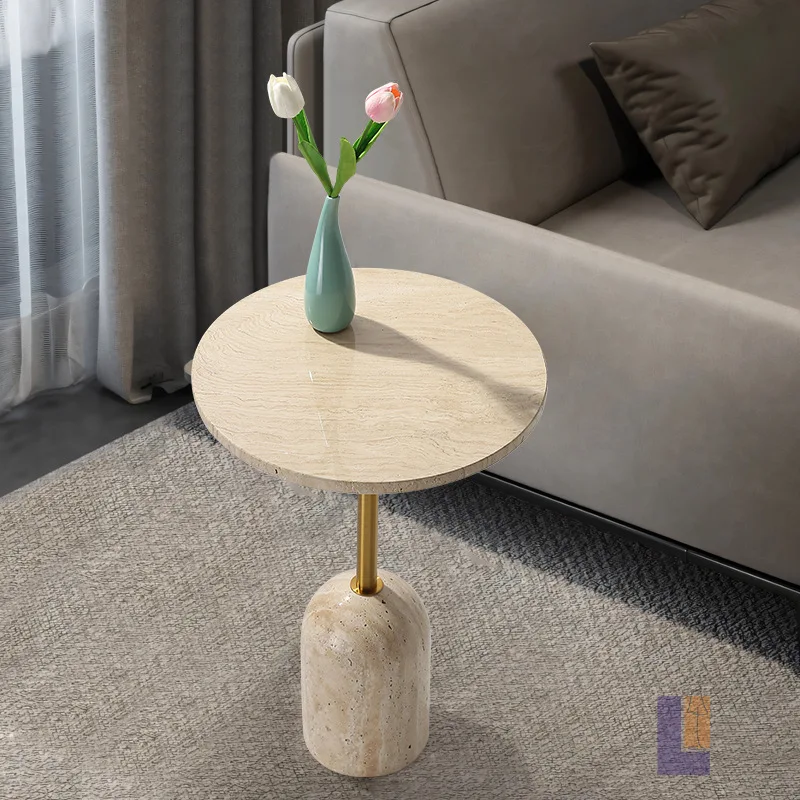 DSA light luxury stainless steel travertine coffee table natural marble corner table living room round glass small coffee table
