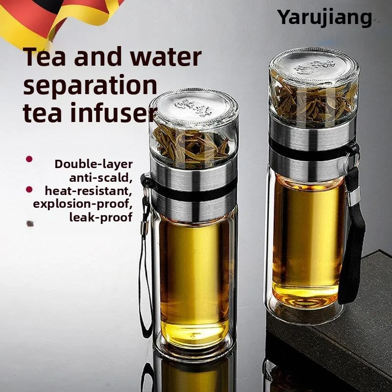 

Heat Resistant Glass Tea Cup for Men Business Style Double Layer Insulated Non Breakable Tea Water Separation High End Tea Cup