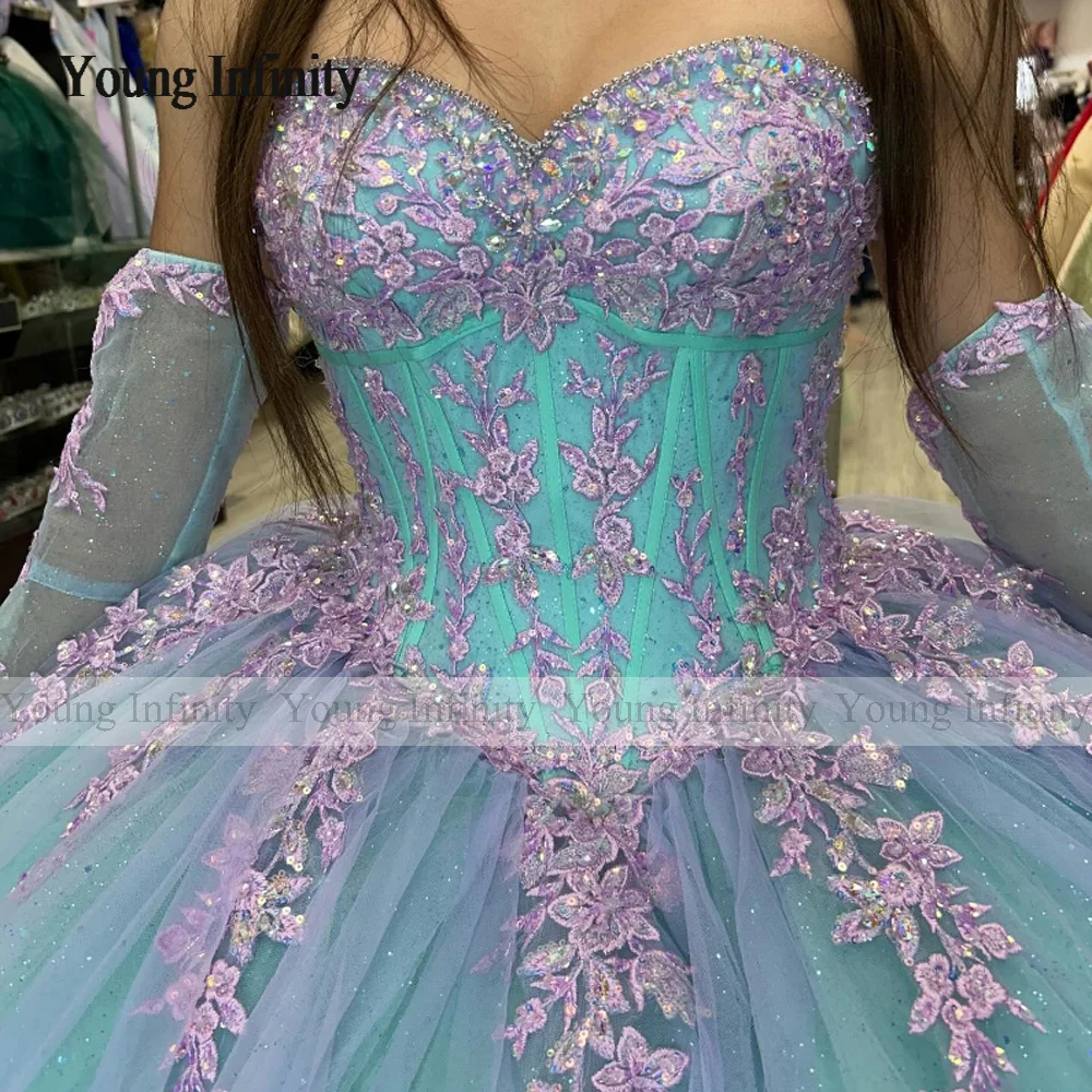 Luxury Blue Quinceanera Dresses 2024 Lace Applique Beads Flower Detachable Sleeves Evening Dresses Puffy Party Dress Ball Gown