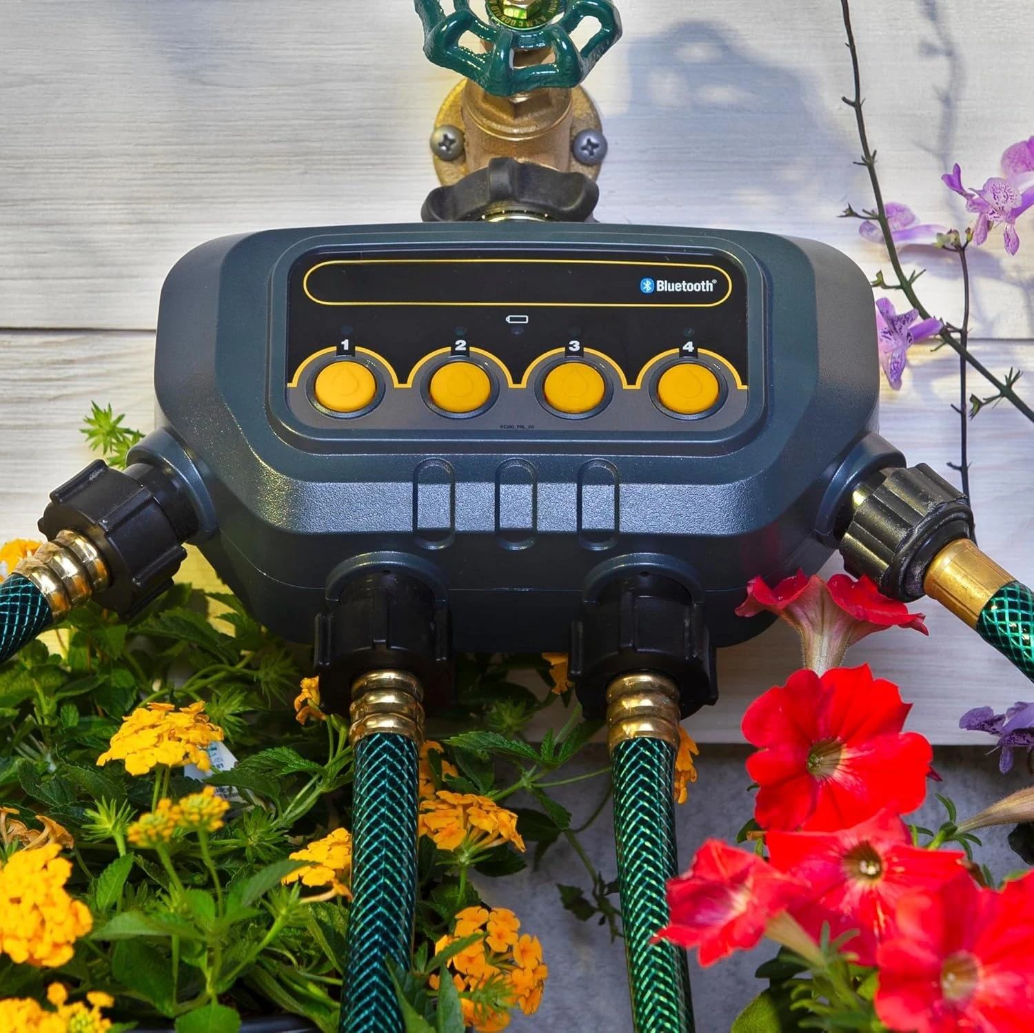 Temporizador de agua Bluetooth 65184AMZ con control de 4 zonas, 12 tiempos de inicio programables, retardo de riego, modo manual