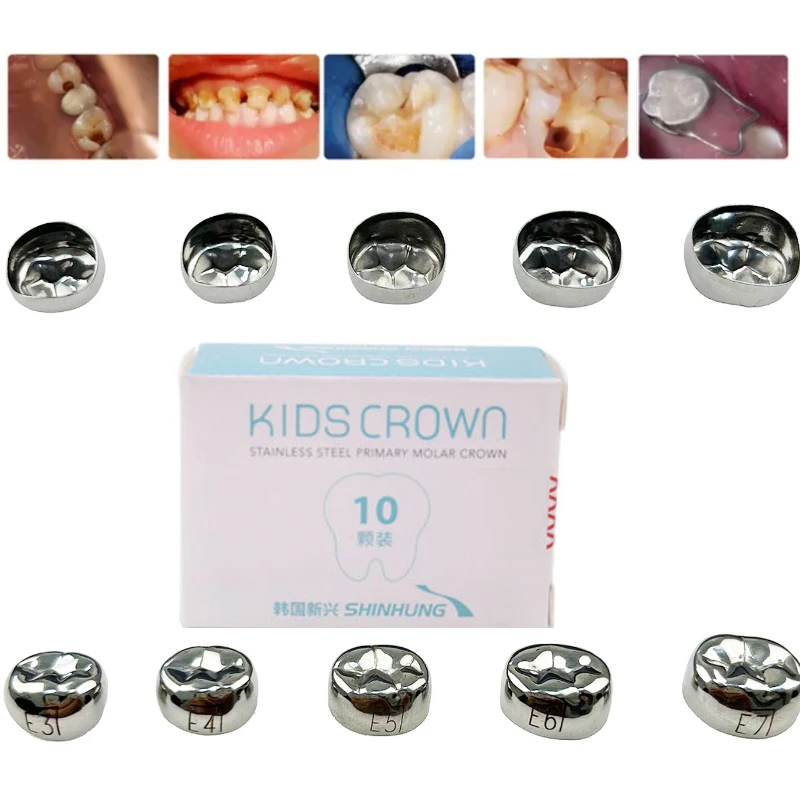 10 Pcs /Box Korean Dental Preformed Kids Primary Molar Crown Stainless Steel Temporary Crowns /Orthodontic Children Teeth Crown