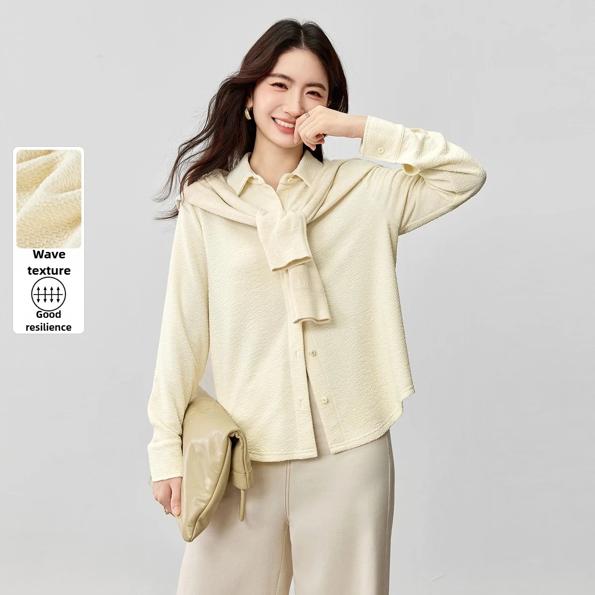 

SENTUBILA Bubble-Texture Wave Print Shirts Women's 2025 Autumn New Versatile Commuter Shirt Soft Long Sleeve Shirt 153C80428